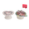 Custom shaped acrylic phone pop holders in heart and ornament designs, featuring a colourful Christmas theme.