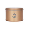 A gold tin can with a transparent window and a logo on the front, featuring a smooth, curved design.