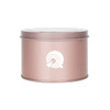 A medium rose gold tin can with a transparent window, featuring a logo on the front.