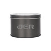 A medium silver tin can with a transparent window, featuring a logo on the surface.
