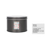 A medium grey tin can with a transparent window, featuring a decorative label and a logo.