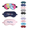A collection of satin sleep masks in various colours, featuring different designs and a logo on some.