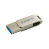 A silver swivel USB flash drive with a blue connector, featuring a logo on the side.