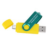 A yellow and teal double-end USB Type C flash drive with a removable cap and logo.
