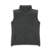 A dark grey women's vest with a high collar and two zippered side pockets. It features a logo on the design.