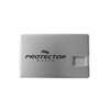 A sleek silver USB flash drive with an integrated swivel cover and a logo on the surface.