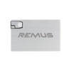 A silver flash drive resembling a credit card, featuring a black connector and a logo on the surface.
