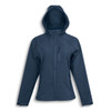 A navy soft shell jacket with a hood, featuring zippered pockets and a small logo on the chest.