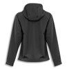 A black soft shell jacket with a hood and a fitted design, featuring a logo on the back.