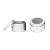 A silver tin can with a foam insert, featuring a clear plastic lid, displayed open and closed.