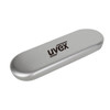 A silver tin with a black foam insert, featuring a logo on the lid, designed for pen packaging.