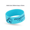 A light blue silicone wristband featuring a logo, sized at 200mm loop x 25mm width.