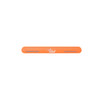An orange silicone slap band with measurement markings and a logo.