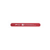 A red silicone slap band featuring a logo and additional details on one side.