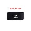 A black stretchy wristband featuring an RFID logo and a branding badge.