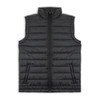 A black unisex puffer vest with a high collar and zip closure, featuring a logo on the front.