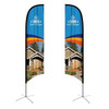 Concave feather banners in blue and orange, featuring a house design and a logo at the top.