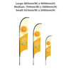 A set of three concave feather banners in yellow and orange, showcasing different sizes. Each banner has a pole and stands upright.