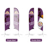 A concave feather banner, 9ft tall, featuring a purple design with a logo, available in single and double-sided options.