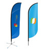 Large convex feather banners in blue with a stand, featuring a logo and a vibrant design.