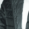 A black puffer jacket featuring a zippered front and quilted design, with a visible logo on the fabric.