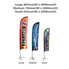 Three straight feather banners in various sizes: large, medium, and small, featuring colourful designs and a base stand.