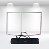 A tabletop tension fabric display frame in white, accompanied by a black carrying bag.