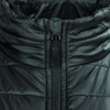 A close-up view of a black women's puffer jacket featuring a high collar and zip closure.