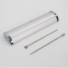 A4 counter top pull-up banner in silver with two supporting poles. Features a sleek, metallic finish.
