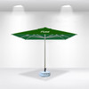 A green commercial market umbrella with a silver pole, featuring a branded logo, set against a plain background.