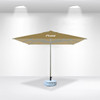 A 2x2m square commercial market umbrella in a light tan colour with a base, featuring a logo.
