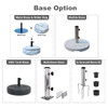 A collection of various base options for a commercial umbrella, including metal, marble, ABS tank, and in-ground bases.