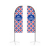 Large straight feather banners in red, white, and blue with a patterned design and black stands.