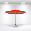A red 3x3m square market umbrella with a grey base and a logo on the canopy, set against a plain background.