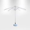 A round, white market umbrella with valances, featuring a sturdy base and multiple support arms.