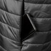 A black puffer vest featuring a zippered pocket with a smartphone partially visible inside.