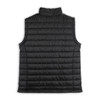 A black puffer vest featuring a high collar and quilted design, with no sleeves and a brand logo.