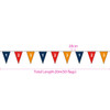 A string of 50 paper pennant flags in red, blue, and orange, measuring a total length of 20 metres.