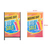 A metal A-frame sign with a colourful design featuring gifts and promotional text. It has a logo on the top.