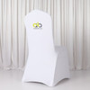 A fitted banquet chair cover in white, featuring a logo, set against a neutral backdrop.