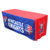 A fitted tablecloth featuring blue and red colours with a logo, designed for a 4ft table.