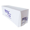 A white fitted tablecloth for a 4ft table featuring a logo on the front.