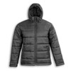A black puffer jacket with a hood, featuring a zip front and two side pockets, along with a logo.