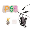 A waterproof IP68 neon LED sign in yellow, pink, and green with mounting hardware and a power supply.