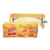 A fitted table cloth for an 8ft table, featuring a vibrant yellow design with a potato chips theme and logos.