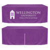 A fitted purple table cloth with a zipper back, featuring a logo on the front.