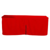 A red fitted table cloth with a zipper back designed for a 6ft table, featuring a logo.