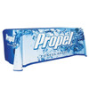 A 4ft tablecloth in blue, featuring a water splash design and a logo.