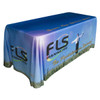A four-sided tablecloth featuring a blue gradient and a logo on a 4ft table. The design includes a grassy edge.