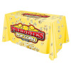 A yellow tablecloth featuring a popcorn theme and a logo, designed for a 6ft table.